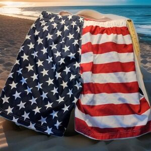 Faded Glory Flag Swim Trunks Red White & Blue‎ Men's XXL Draw String Mesh 1544